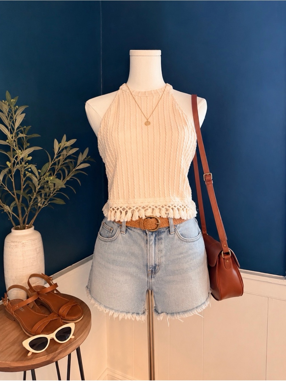 XL SHEIN Cream Fringe Knit Tank Top XL Boho